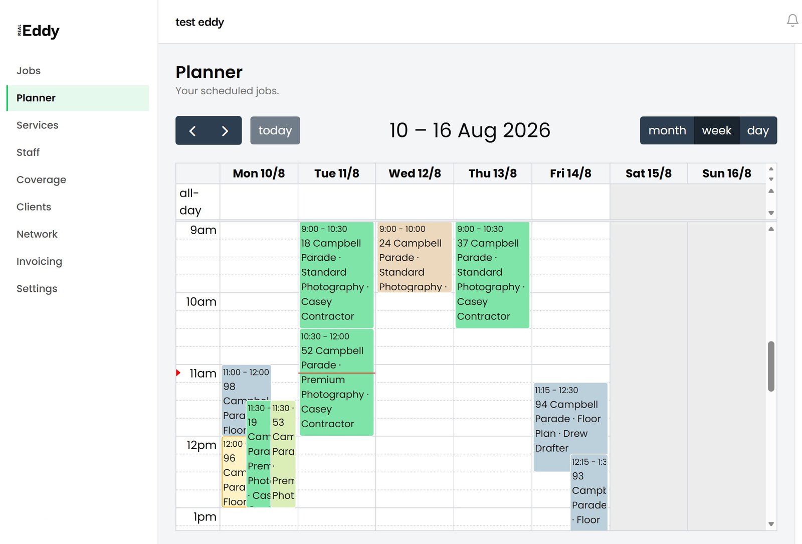 The Eddy Planner showing a week of scheduled jobs across four people
